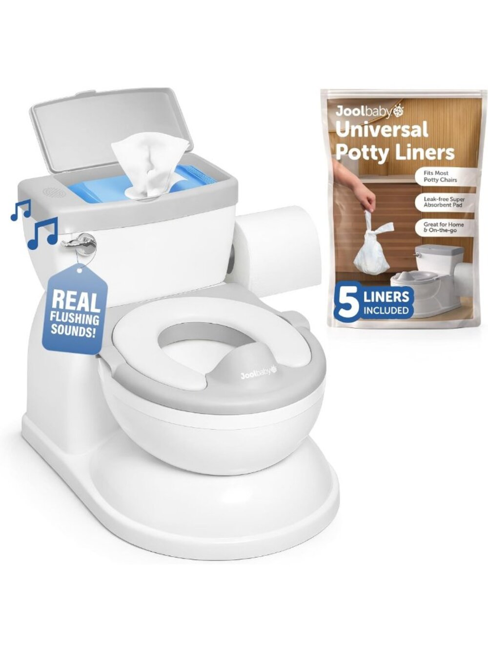 Realistic 2-in-1 Potty with Flushing Sounds, Wipes Storage & Easy Clean - Gray